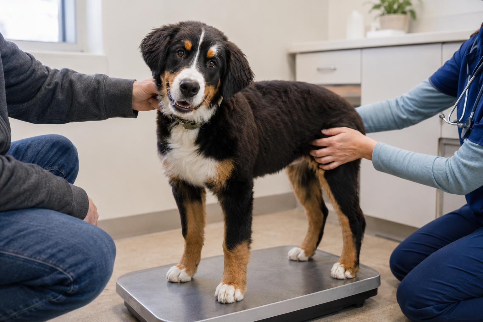 Veterinární kontrola hmotnosti mladého bernského salašnického psa během růstu